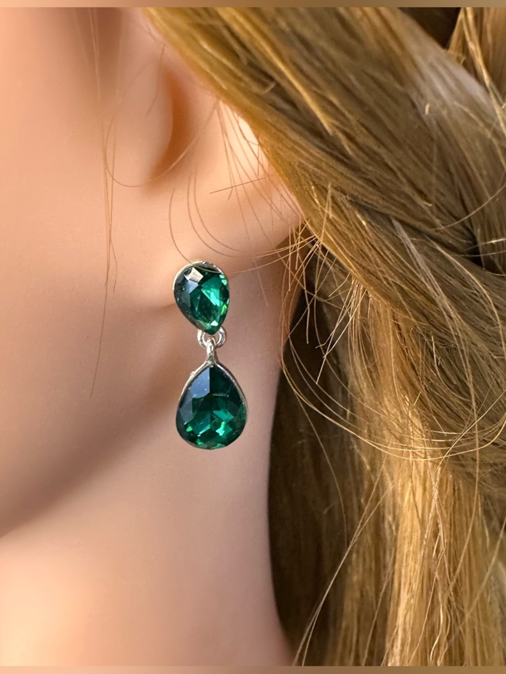 Emerald Green Crystal Drop Earrings Teardrop Dangle Silver Wedding Statement - Picture 5 of 9